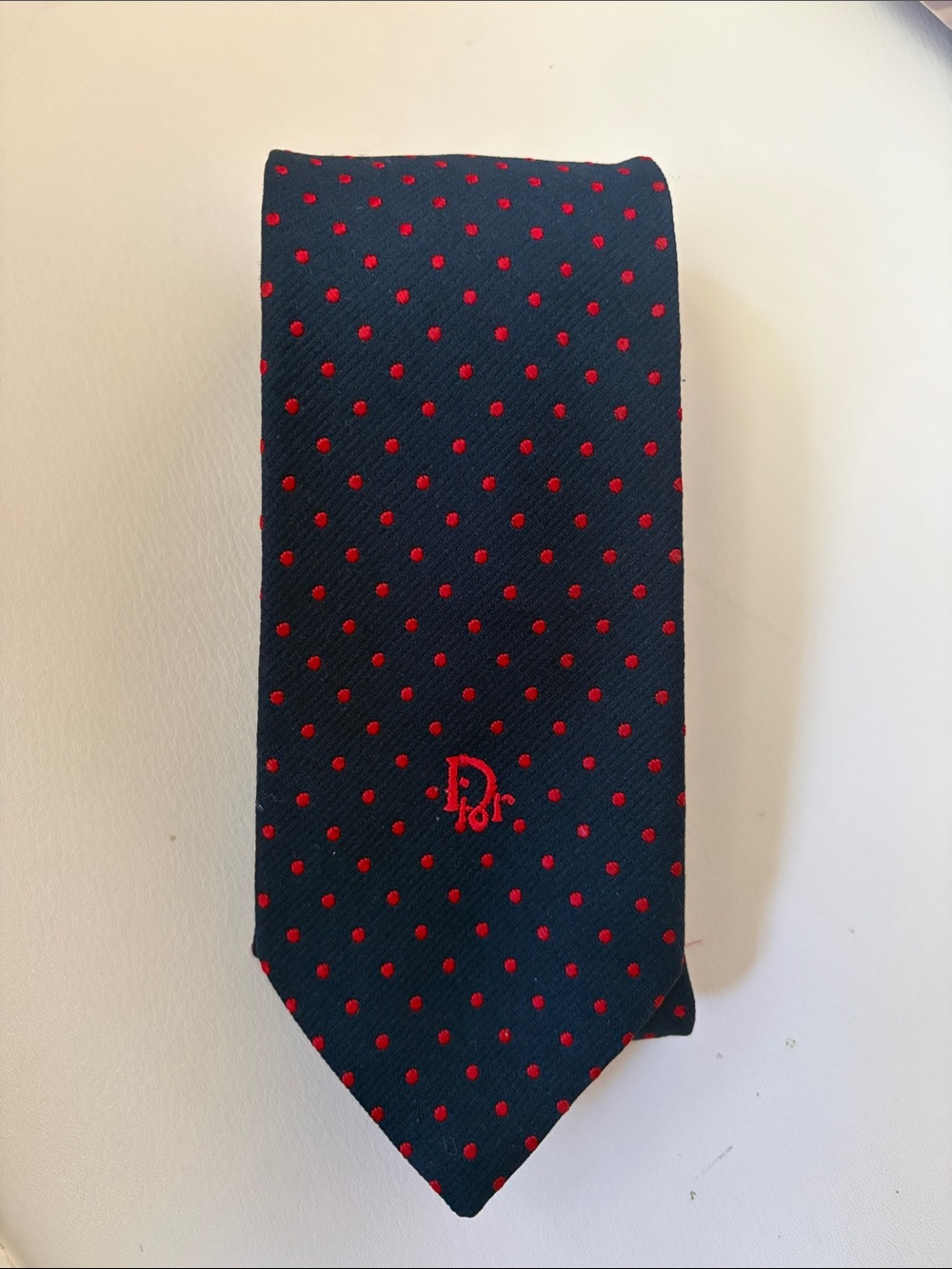 Dior Navy Tie with Red Polka Dot Pattern